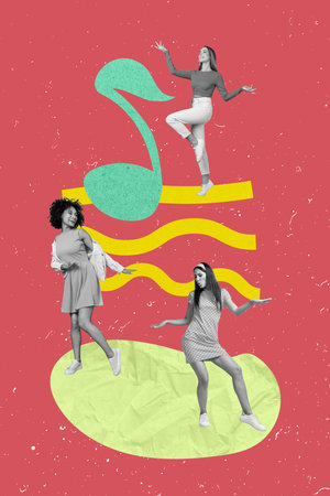 Photo cartoon comics sketch collage picture of funny funky ladies dancing having fun together isolated drawing backgroundの写真素材