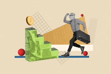 Exclusive magazine picture sketch collage image of excited senior guy running achieving success isolated painting backgroundの写真素材