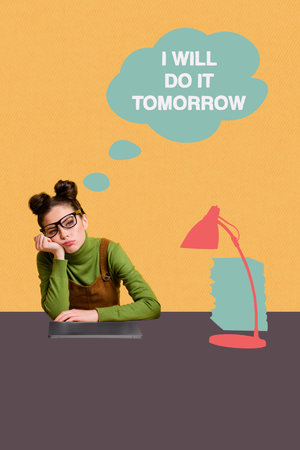 Creative collage artwork of young woman student sitting depressed melancholy touch cheek frustrated...