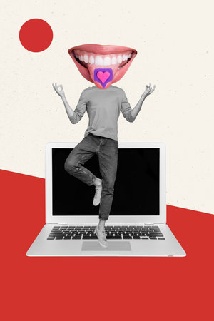 Creative collage photo of headless man stick tongue lick like share notification netbook user follow his channel isolated on white red backgroundの写真素材