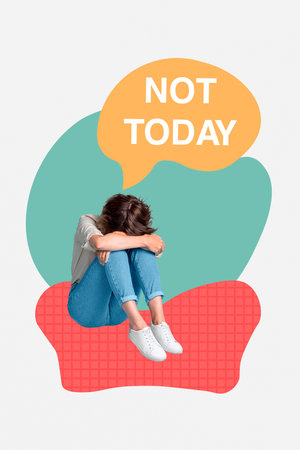 Photo collage concept figurative ad melancholy of young girl sitting crying depressed mental health problem unproductive isolated on drawn backgroundの写真素材