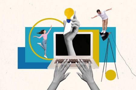 Collage of young colleagues working remote hold phone display inside laptop screen eureka decision technological company isolated on drawn backgroundの写真素材