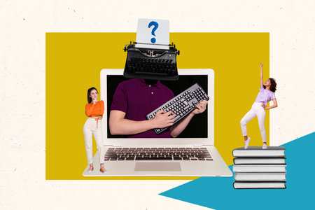 Creative template collage of two funny girls celebrate graduation first job journalism copywriter...