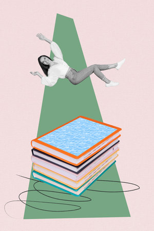 Creative image collage banner of young woman enjoy reading fantasy literature author professional writer fall into books isolated on pink backgroundの写真素材