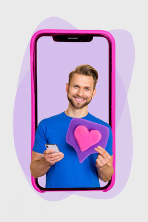 Collage advertisement young funny man hold smartphone use smartphone interface new app match with...