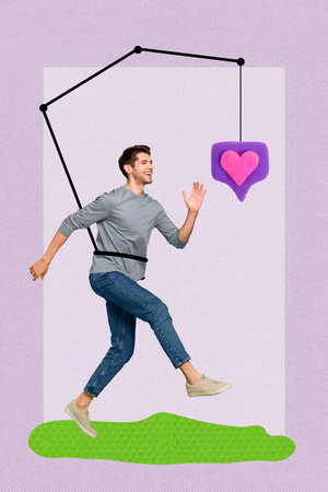 Collage photo of young funny addicted man famous blogger running growing activity his followers isolated on purple color backgroundの写真素材