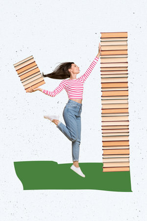 Composite collage photo of young intelligent woman student collect reading books own library advertisement isolated on gray color backgroundの写真素材