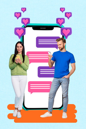 Vertical collage of two lovers hold smartphones use dating application tinder chatting online matches heart notification isolated on blue backgroundの写真素材