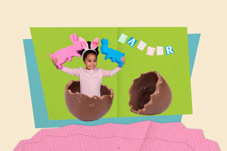 Collage photo poster postcard picture sketch of cute little girl playing sitting inside tasty egg...