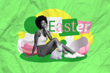 Creative collage portrait of positive black white gamma girl broken egg shell easter bunny rabbit isolated on green backgroundの写真素材