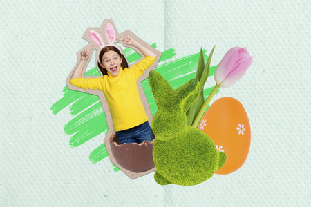 Artwork collage picture of excited positive mini schoolgirl inside chocolate egg shell wear bunny...