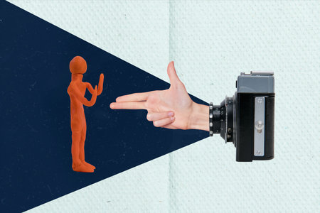 Creative collage image of photo camera objective arm fingers show gun gesture mini plasticine person...