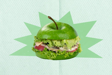Composite collage portrait of burger green apple fruit instead bun bread isolated on painted backgroundの写真素材