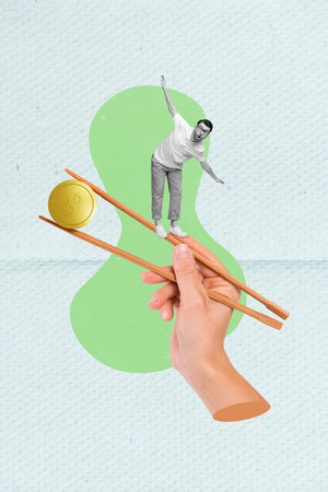 Vertical collage portrait of arm hold chopsticks money coin mini black white gamma guy stand balancing isolated on creative backgroundの写真素材