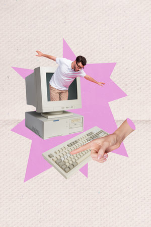 Vertical collage image of crazy mini guy inside pc display big arm finger touch press keyboard button isolated on creative backgroundの写真素材
