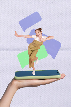 Ad digital application collage young girl teenager dancing carefree income notifications messenger advert phone display isolated on gray backgroundの写真素材