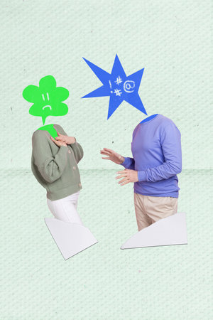 Vertical collage image of two headless people communicate fight conflict isolated on painted...