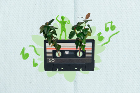 Composite collage portrait of retro tape recorder cassette little plasticine person green leaves plant isolated on drawing backgroundの写真素材