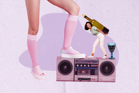 Creative minimal photo magazine collage of young woman hold bottle drink wine alcohol glass brand...