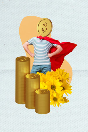 Vertical collage picture of confident super man red cape money coin instead head fresh daisy flowers isolated on creative backgroundの写真素材