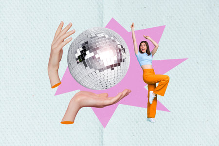 Photo template collage of young funny dancing carefree chilling girl overjoyed listen music have fun disco ball nightclub isolated on blue backgroundの写真素材