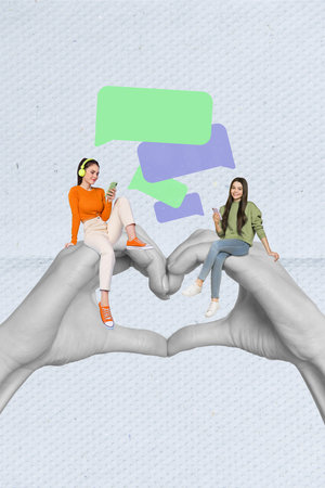 Creative minimal collage of young two friends together chatting online communicating messenger...
