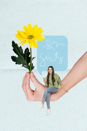 Minimal photo collage of nice positive girl teenager sitting hand hold yellow daisy flower gift...