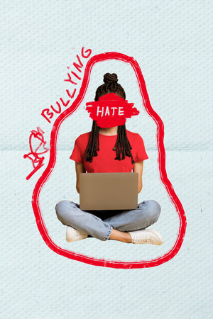 Vertical collage image of girl use netbook receive social media bullying hate isolated on creative backgroundの写真素材