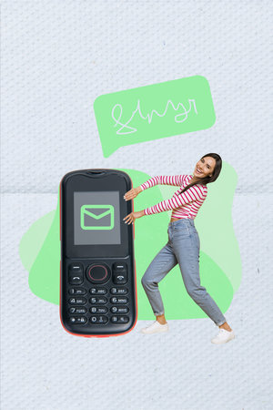 Vertical collage picture of positive mini girl hands touch big retro mobile phone message dialogue...