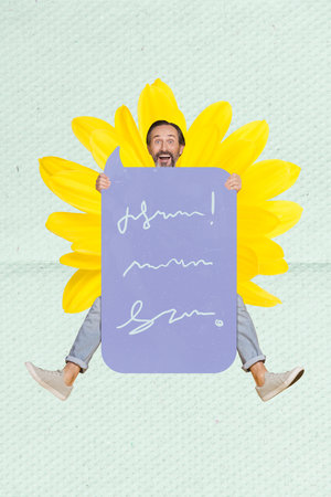 Vertical collage picture of excited man behind huge dialogue bubble fresh yellow flower isolated on...