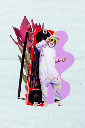 Vertical collage picture of positive grandfather unicorn pajama dancing huge boombox flower isolated on creative backgroundの写真素材