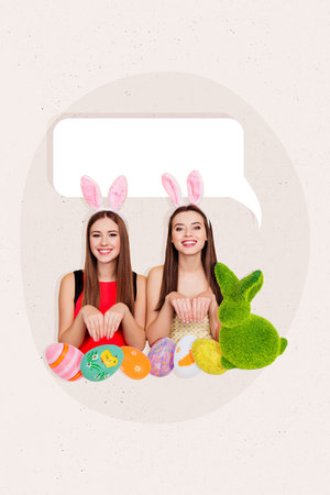 Vertical collage picture of two cheerful positive girls arms bunny ears arms make paws painted eggs...