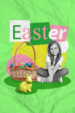 Colorful collage photo poster image card brochure of cheerful lovely small lady sitting enjoy...