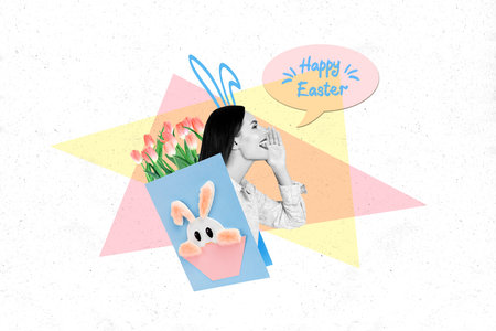 Creative collage of young girl speaking happy easter holiday inside greeting card fresh tulips celebration banner isolated on white backgroundの写真素材
