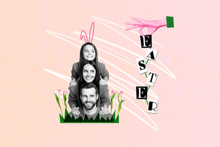 Creative postcard greetings collage happy easter celebration three people relationship parenthood have fun fresh tulips isolated on pink backgroundの写真素材