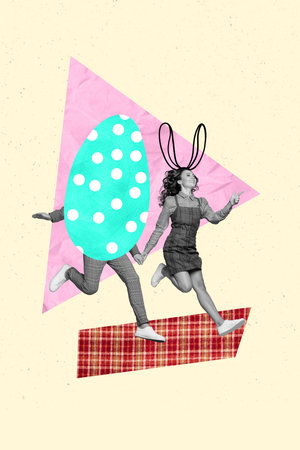 Creative picture greeting postcard collage of two people girlfriend showing easter sale to husband with color egg bodyの写真素材