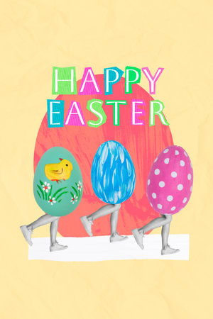 Template banner collage of three headless people walking drawing colored eggs happy easter collection decorations isolated on yellow backgroundの写真素材