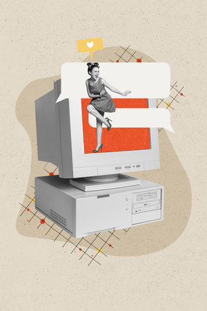 Vertical creative minimal collage photo of active dancing overjoyed young woman have fun like message chatterbox isolated on beige backgroundの写真素材