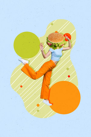 Composite advertisement designed photo collage of headless lady hamburger lettuce salad sandwich eat fast food snack isolated on green backgroundの写真素材