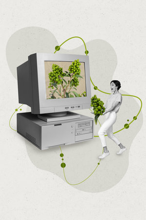 Creative collage advertisement download new application for computers choose best high quality virtual wallpaper isolated on gray backgroundの写真素材