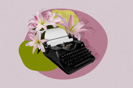 Composite collage picture of retro type machine fresh lily flowers isolated on drawing creative backgroundの写真素材