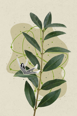 Composite collage photo of young overjoyed crazy woman raise hands up sliding green leaves natural flower environment isolated on beige backgroundの写真素材