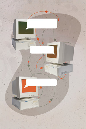 Creative photo collage minimal designed art advertisement vintage computers messages income online chatting isolated on beige color backgroundの写真素材