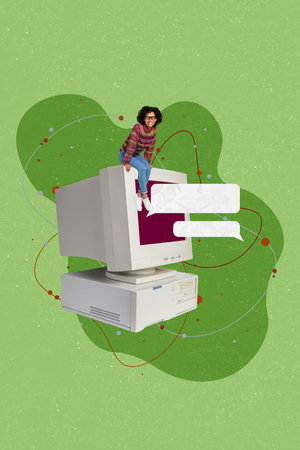Vertical collage picture of mini positive girl sitting huge retro pc monitor empty space dialogue...