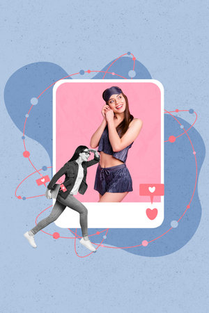 Creative photo promotion collage advertisement account post manager montage new content woman pajama isolated on blue color backgroundの写真素材
