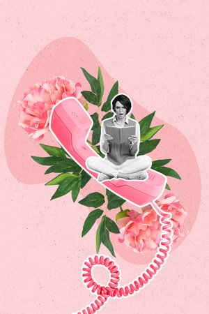 Vertical collage picture of impressed mini black white effect girl sit huge cable telephone read book fresh flowers isolated on pink backgroundの写真素材