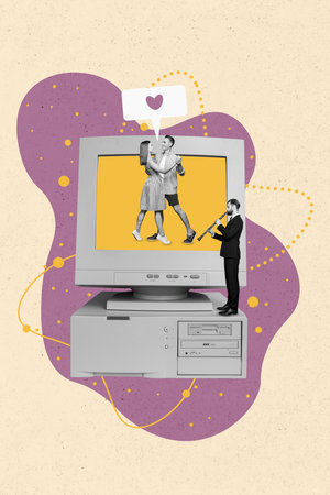 Vertical artwork collage of black white partners dancing inside pc display musician play flute isolated on painted backgroundの写真素材