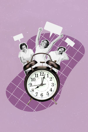 Vertical collage picture of mini black white colors girl different emotion mood sleepy happy unsatisfied huge retro bell ring clockの写真素材