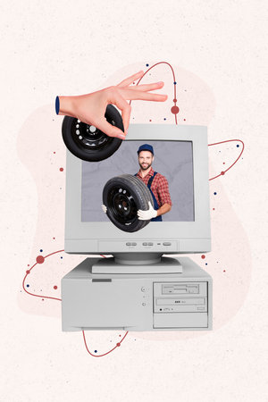 Vertical collage picture of arm hold car tire wheel retro computer screen mechanic isolated on creative backgroundの写真素材