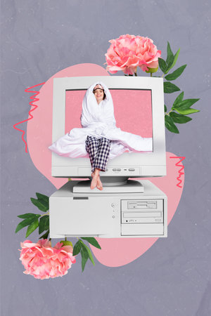 Vertical collage portrait of mini cheerful girl covered blanket inside pc monitor display big fresh flowers isolated on creative backgroundの写真素材